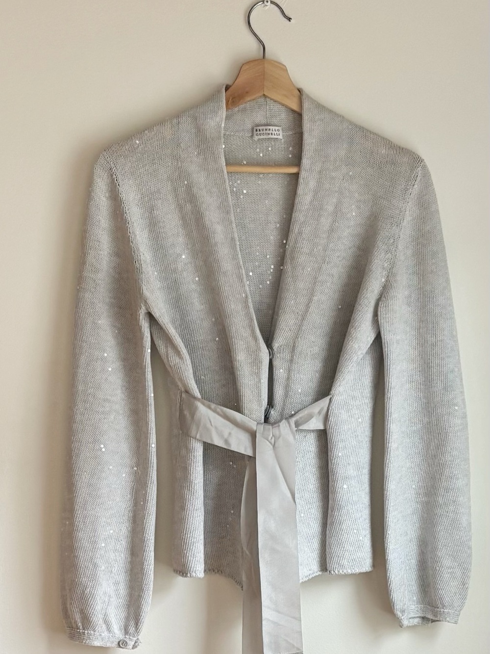 Brunello Cucinelli L Linen Blend Silk Sequin Belted Open Front Cardigan Italy